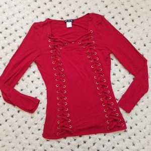 Venus Red Lace Up Long Sleeve Top